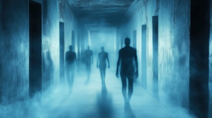 The corridor is filled with an eerie glow as ghostly silhouettes wander, their ethereal presence evoking an air of quiet unease and spectral intrigue.