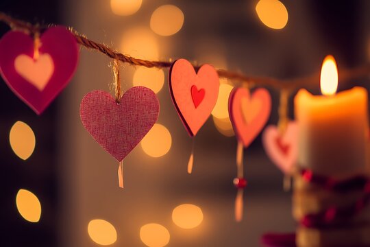 Red paper hearts hanging on string with candlelight and bokeh lights in background
