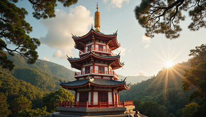 Fototapeta premium Majestic Chinese pagoda under sunlight in lush jungle, cultural beauty