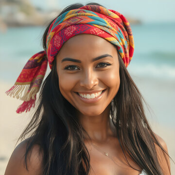 Una preciosa chica mulata con una bandana colorida frente al mar