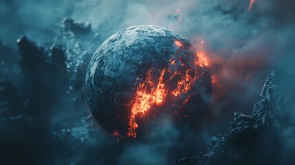 Abstract geometric background. Explosion power design with crushing surface. The fire shines through the cracked surface. 3d illustration.