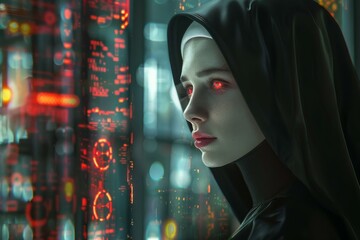 Futuristic nun with glowing red eyes looking at holographic control panel in dark technological environment