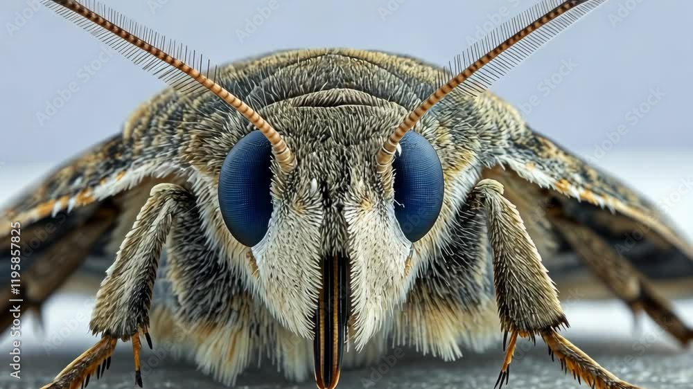 Poster close-up view of a moth displaying intricate details and textures in natural light