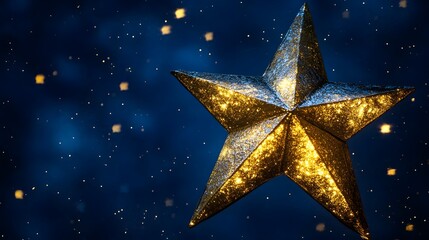 Obraz premium Golden star decoration, night sky, sparkling background, holiday card