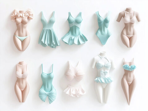 Ic&ocirc;nes de robes et sous v&ecirc;tements femme en 3D sur fond blanc