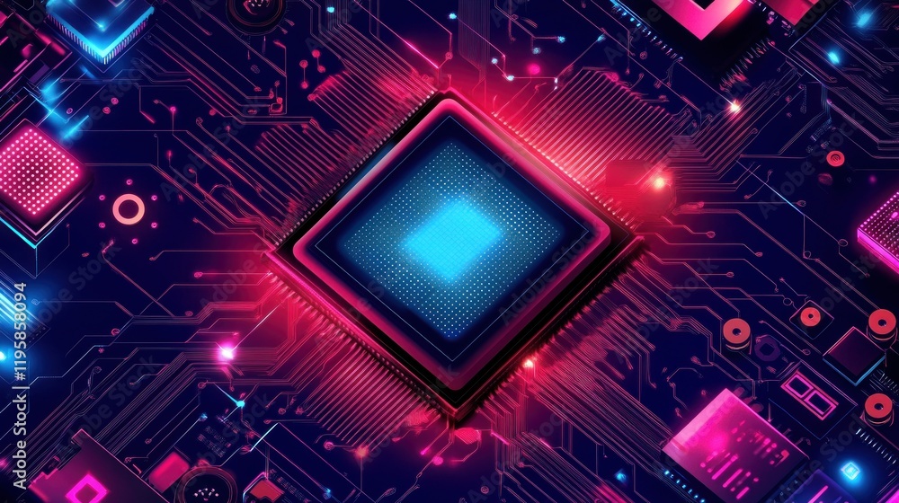 Poster Neon Glowing Computer Circuit Board Central Processing Unit