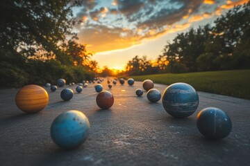 Dynamic Planet Parade Scattered Along a Scenic Pathway at Sunset, Combining Elements of Nature, Astronomy Art, and Surreal Concepts for Creative Science and Art Projects