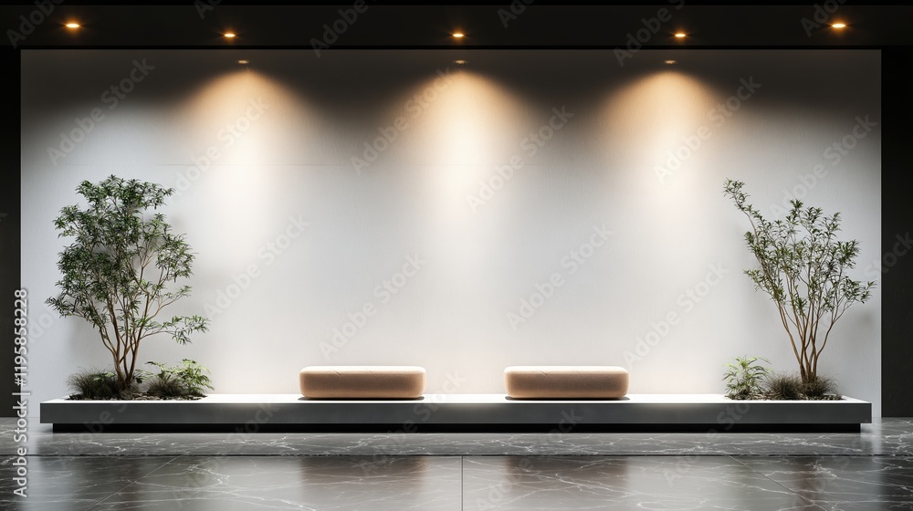 Poster biophilic design utilizes vertical green walls and soft lighting in a minimalistic space, creating a