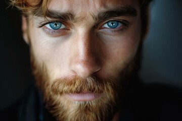Obraz premium Close up portrait highlighting the captivating blue eyes and reddish beard of a ginger man