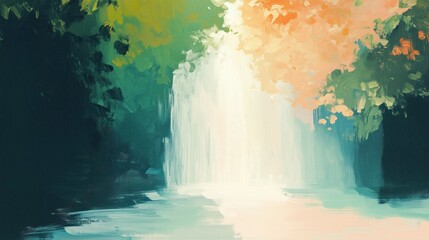 Abstract illustration in oil painting of waterfall in the forest with white light shining through. The color palette features pastel shades of green and orange with visible brush strokes. Summer vibe.