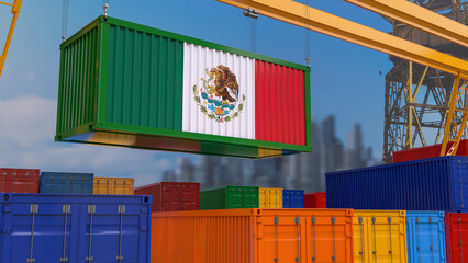 3D rendering of a shipping container with the Mexican flag suspended from a crane in a port dock.