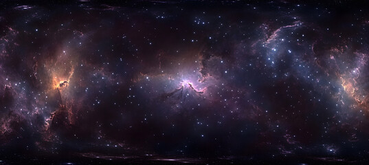 360 degree fantasy space nebula. Giant interstellar cloud with stars, equirectangular projection, environment map. HDRI spherical panorama