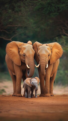 A mother and two baby elephants standing together in a dirt field