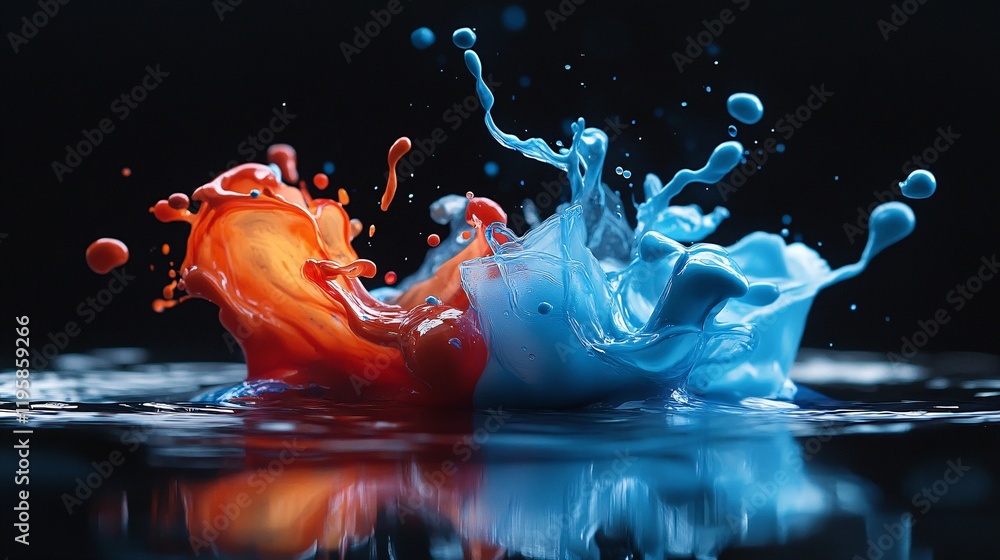 Poster Splashes of blue and red paint create vibrant patterns in water during dynamic experiment