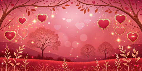 Valentines Day landscape featuring glowing red hearts, golden leaves, sparkling light effects, and scenic trees, ideal for romantic-themed designs, event promotions, and greeting cards.