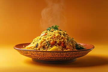 Colorful couscous dish showcasing vibrant vegetables against a warm backdrop of orange hues
