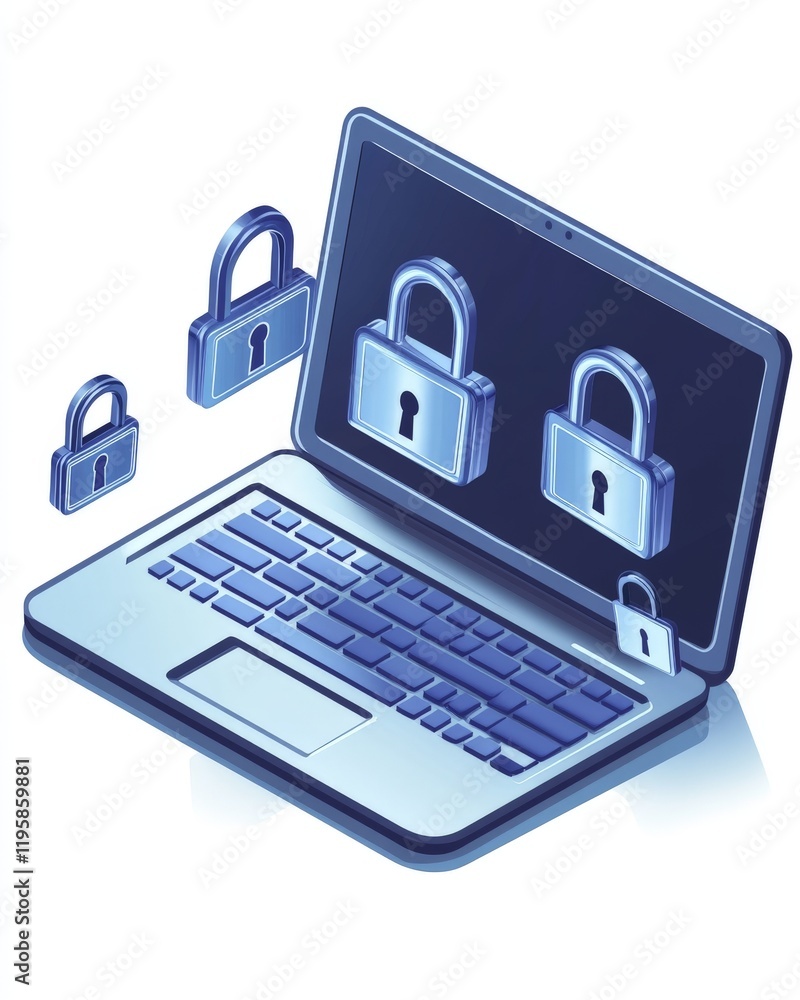 Poster Futuristic digital concept of a secure laptop with lock icons representing cybersecurity privacy and advanced data protection in a clean technological design