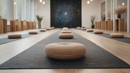 Explore the tranquil atmosphere of a modern astrology wellness center with celestial design elements and soothing energy for relaxation and mindfulness