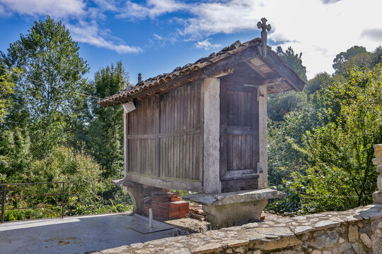 Spain, Galicia. Wooden horreo used to store grain in Galicia outside Melide