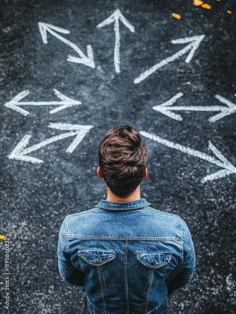 Poster overhead view of a man standing on a dark textured surface with white arrows radiating outward symbo