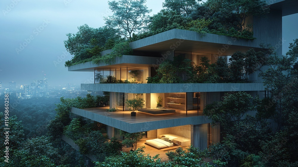 Poster modern architecture featuring a tree-covered building in a serene urban setting