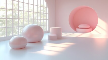 Fototapeta premium Pastel Minimalist Product Display: Soft pink and white spheres and cylinders create a serene and minimalist product display, bathed in natural sunlight streaming through a large arched window.