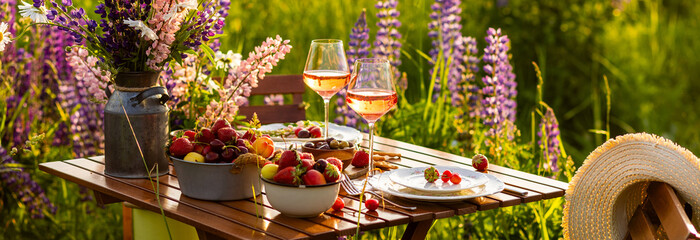 Banner. Two glasses of rose wine, flowers in a vase, silverware, fruits. Sunset, golden hour,...