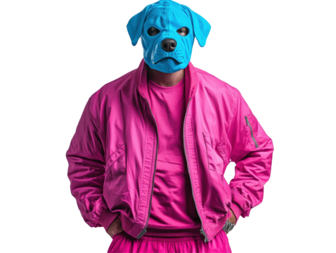 Isolated Man with Dog Mask and Pink Outfit