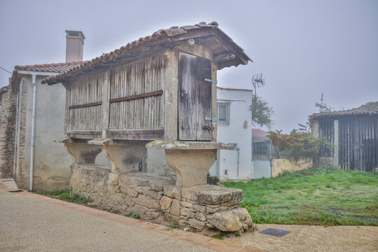 Spain, Galicia. Wooden horreo used to store grain in Galicia between Palas de Rei and Melide