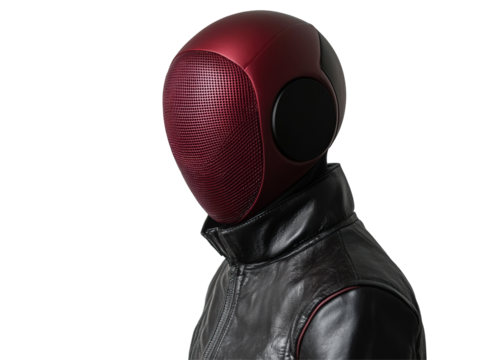 Isolated Person Wearing Red Futuristic Helmet