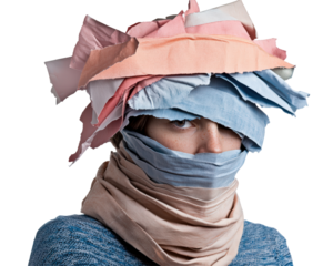 Isolated Woman's Face Covered with Colorful Fabric Scraps