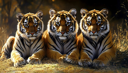 Group of Tigers Sitting Together