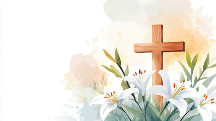 Easter celebration with cross and lilies in watercolor art