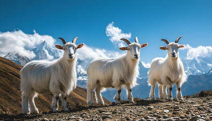 Obraz premium Group of white goats under a blue sky on a sunny day