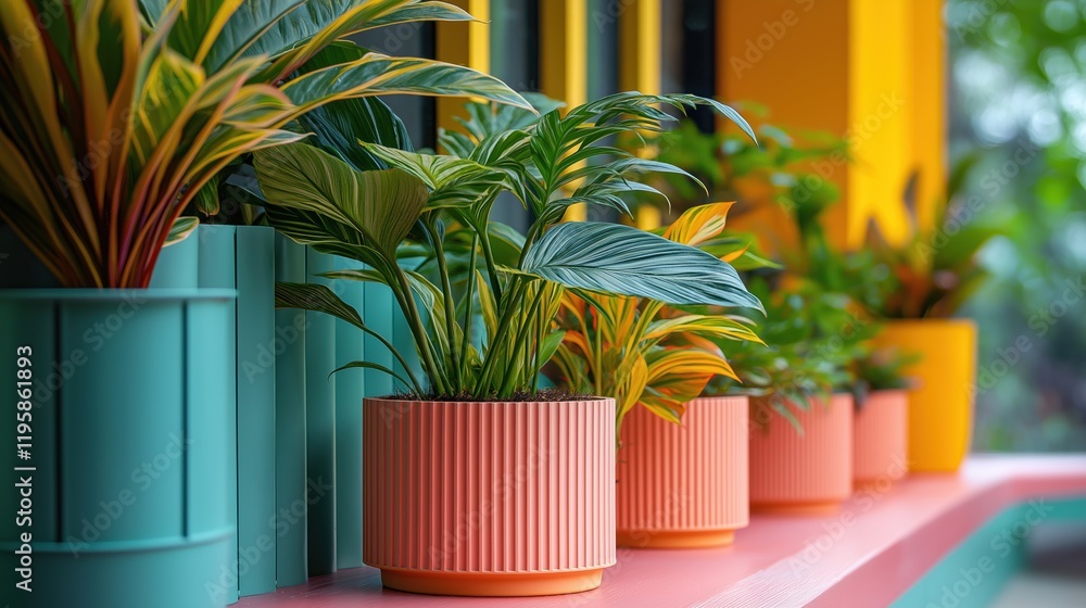 Poster indoor biophilic design featuring modular planters and self-watering systems in a vibrant setting wi