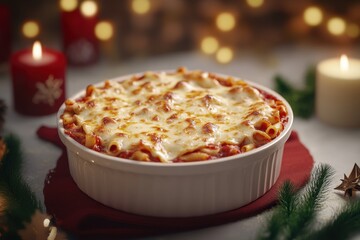 Cheesy baked pasta garnished with herbs on a festive table surrounded by candles and holiday decorations