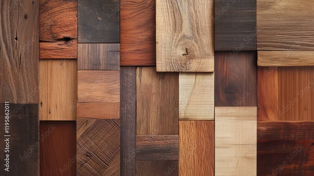 Poster close-up of various wood samples with different colors, grains, and textures arranged in a patchwork