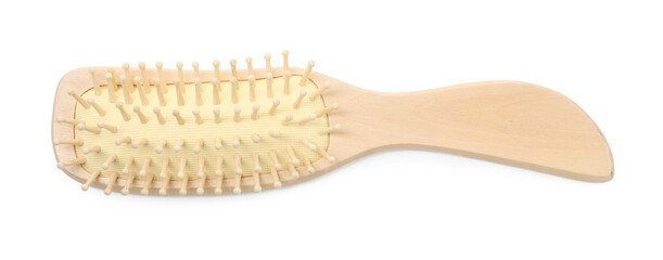 New wooden hair brush isolated on white, top view