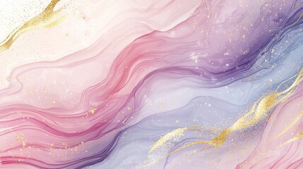 Fototapeta premium Abstract watercolor wallpaper featuring soft gradients of pink, purple, and blue, with delicate golden brushstrokes, creating a dreamy and elegant atmosphere with a touch of luxury.