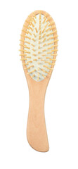 New wooden hair brush isolated on white, top view