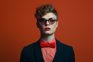 Portrait of stylish androgynous person wearing sunglasses and red bow tie posing on orange background