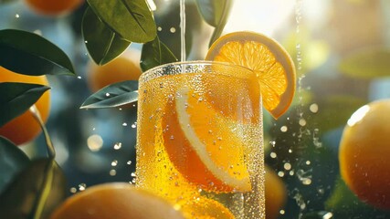 A refreshing orange drink with bubbles and citrus slices, surrounded by oranges and leaves.