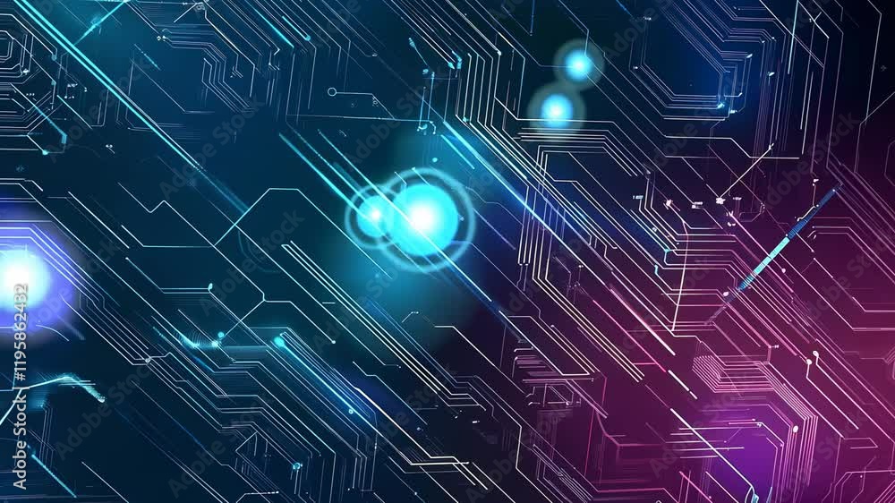 Poster Video with digital abstract background with glowing blue and purple connections forms the shape of an AI brain on a dark gradient, ideal for tech presentations and social network banners.