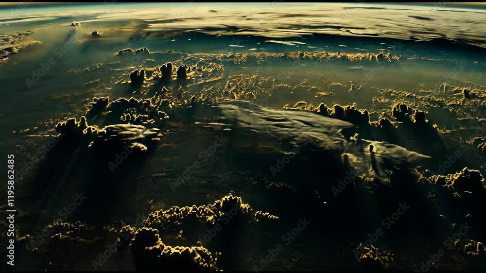 Poster striking view of cloud formations over the earth from space during twilight hours