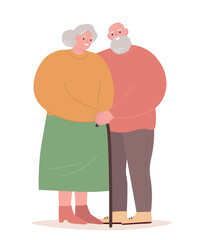 Elderly couple together. Old men husband and wife hugging. Vector flat graphics.