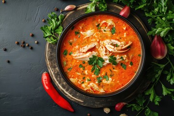 Delicious seafood soup garnished with fresh herbs and vibrant ingredients in an artistic arrangement