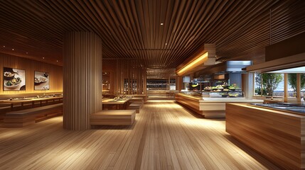 Modern wooden restaurant interior showcasing contemporary design and open space