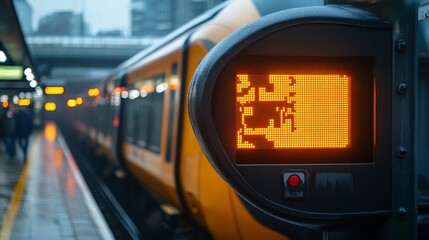 Obraz premium Close-up of a train's LED display showing information, with a blurred train in the background at a modern station