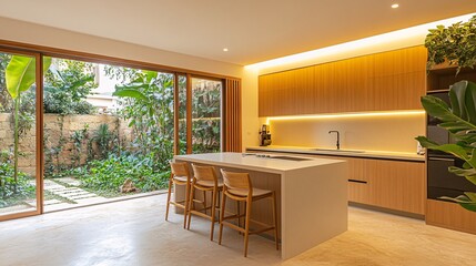Modern kitchen with open layout and garden view in a serene residential setting