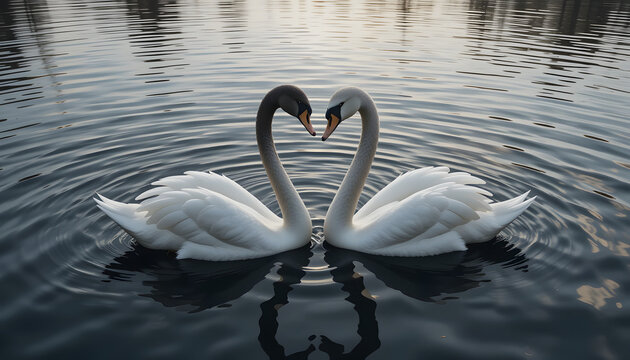 Black and white swans in heart shape on serene lake reflecting tranquility and harmony, Close-up